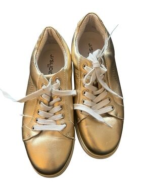 J Slides Metallic Gold Low-Top Lace-Up Sneakers with White Laces